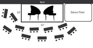 Seating arrangement diagram with two grand pianos and a dance floor.