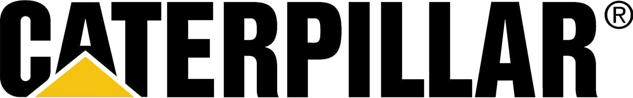 Caterpillar logo with bold black letters and a yellow triangle.